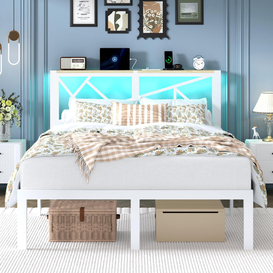 DynJest Queen Size Metal Bed Frame with LED Lights, Storage Headboard with Charging Station, Modern Queen Platform Bed with Heavy Duty Supports, No Box Spring Needed, Noise Free, Easy Assembly, White