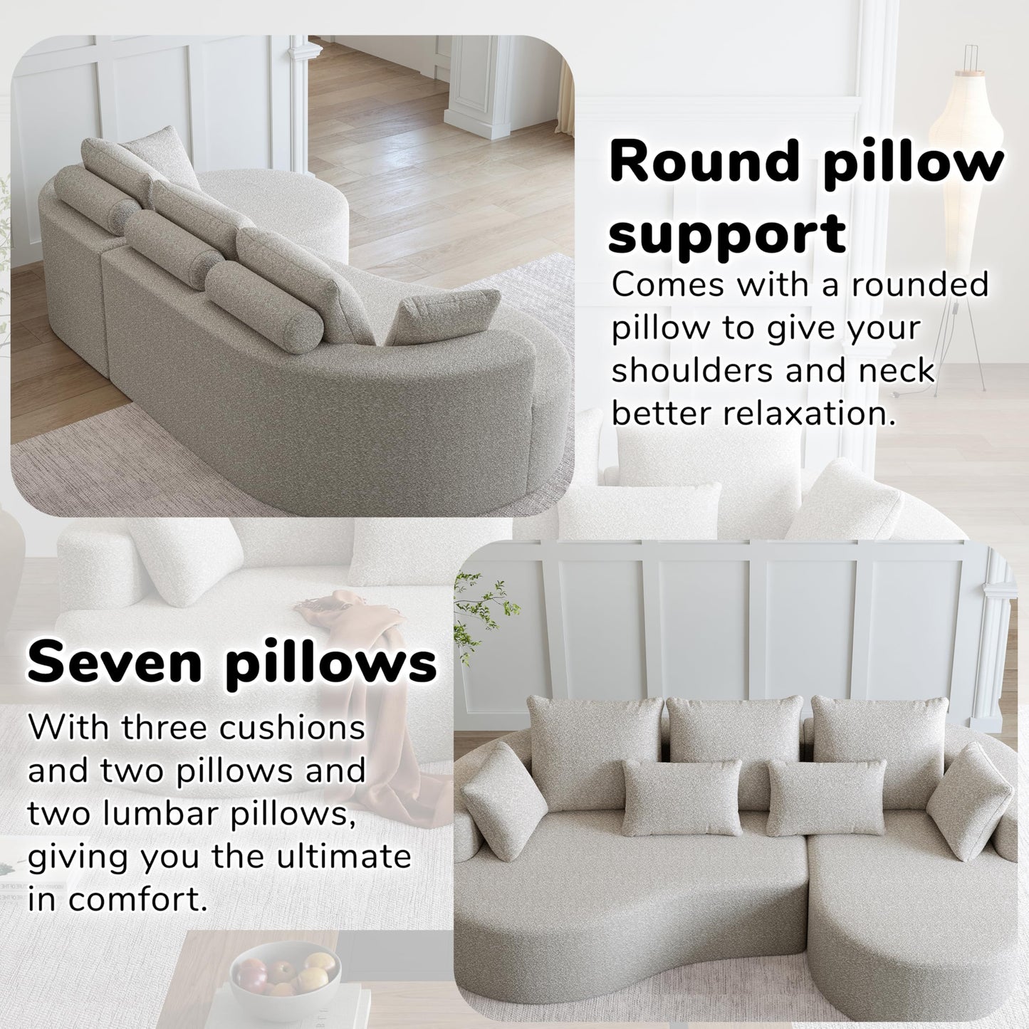 105" Boneless Chenille Upholstered Oversized Sofa, Sectional 4-Seater 29.8" Deep Seat Curved Cloud Couch with 7 Pillows, Free Combination Sofa Couch for Living Room (Beige, 105" Right Lounge)