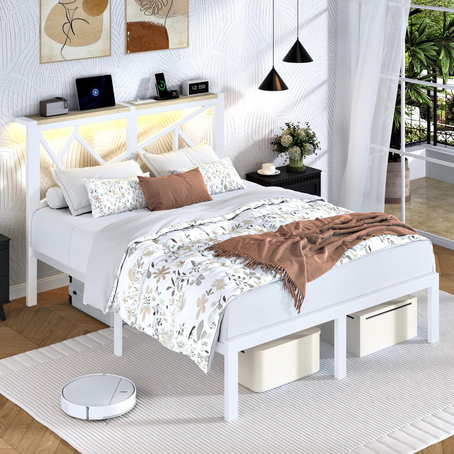 DynJest Queen Size Metal Bed Frame with LED Lights, Storage Headboard with Charging Station, Modern Queen Platform Bed with Heavy Duty Supports, No Box Spring Needed, Noise Free, Easy Assembly, White